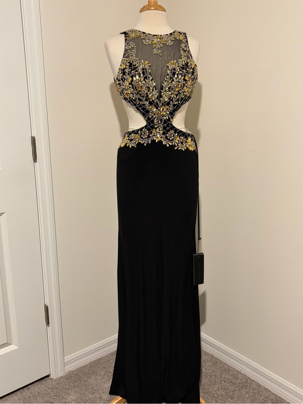 Black Evening Gown with Gold Embellished Bodice